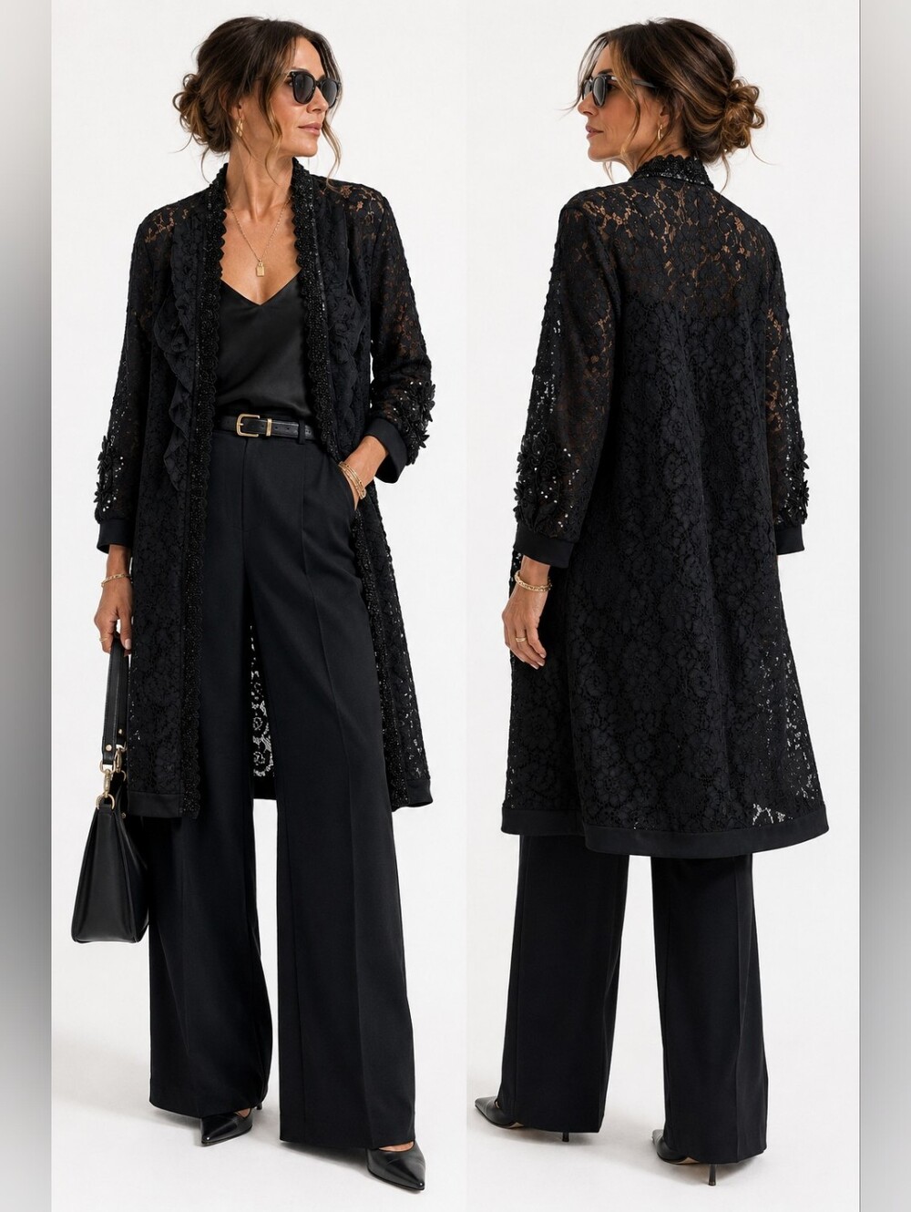 SooLinen Black Floral Lace Duster Cardigan Long Ruffle Beaded Sequin Jacket L